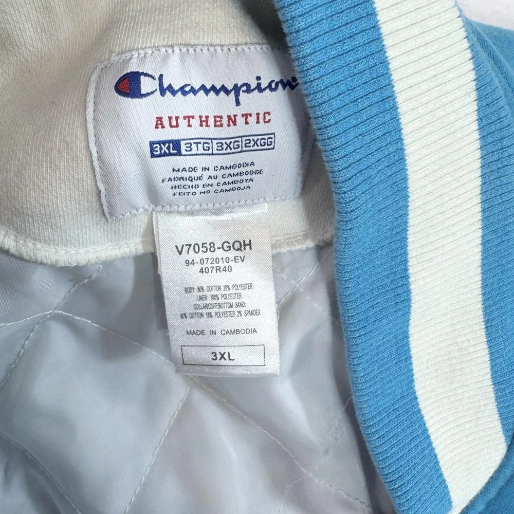 Champion Jacket Mens 3XL Blue White Varsity Letterman Snap Quilted Lined Fleece